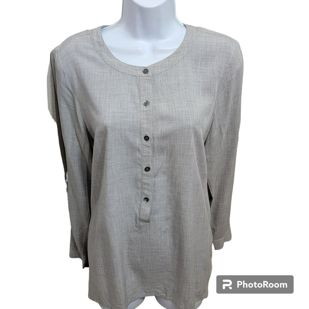 J.Jill Tunic Top, Women S, Gray, Crew Neck, Long Sleeve, 1/4 Button, EUC